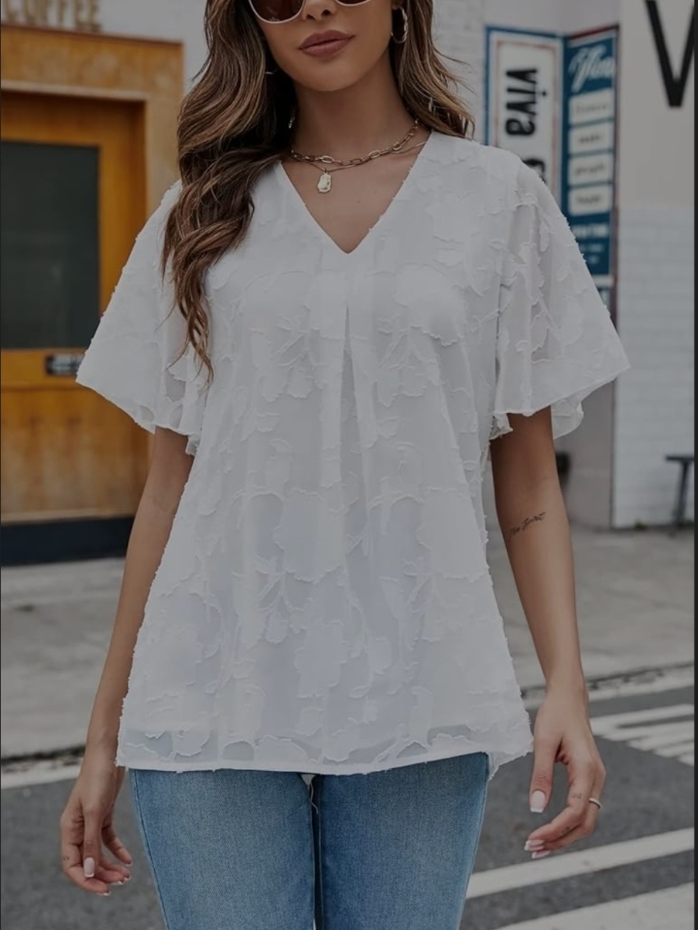 CiCiBird White V-Neck Textured Flutter Sleeve Top -